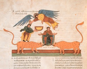 ライオンズデンのダニエル、聖イシドルの西ゴート時代のモザラビック聖書、フォロ325v、AD 960（ベラムのテンペラ） 作： Spanish School
