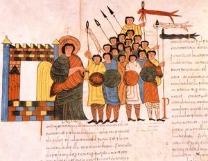 戦争のためのダビデ王軍の出発、聖イシドルの西ゴート朝モザラビック聖書、131節、AD 960（ベラムのテンペラ） 作： Spanish School