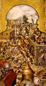 神殿長とソカロ広場の征服をめぐる戦いで犯された残虐行為の描写。 作： Spanish School