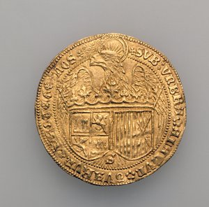 アラゴンのフェルディナンド2世（1452-1516）とカスティーリャのイザベラ（1451-1504）、セビリアミント、1475年（金）（168057を参照）の2つの優れた点 作： Spanish School