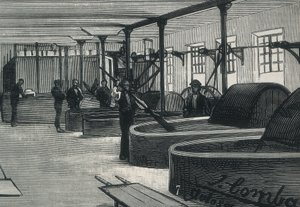 経済（19世紀）。スペインの製紙工場 "" La Guipuzcoana "" 。トロサ（ギプスコア）にあった工場のシリンダー室と洗濯機。 刻印