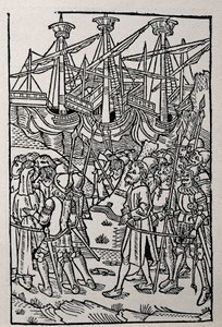 1495年にサラゴサで印刷された『ヴェスパシアヌスの歴史』のエングレーヴィング（モノクロのイラスト 作： Spanish School