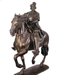 スペインのコンキスタドール、エルナン・コルテス（またはコルテス）（1485-1547）の騎馬像。16世紀の匿名のブロンズ彫刻。マドリード、アルミー美術館 作： Spanish School