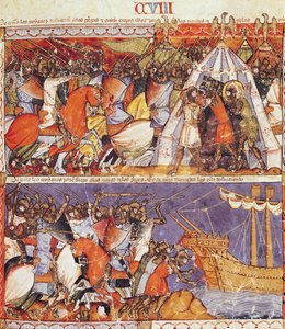 Fol.108rコーデックスベニートデサンタモーラからのギリシャのキャンプへの侵入とギリシャの船への攻撃トロイの木馬 作： Spanish School