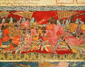 Fol.110rコーデックスベニートサンタモーラのギリシャ人とトロイの木馬の戦い 作： Spanish School