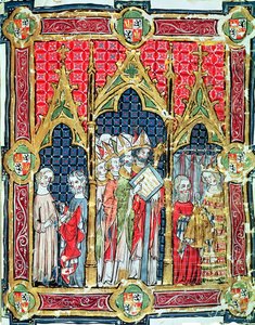 Fol.13rアラゴンとカスティーリャの王の戴冠式：トレドの大司教の前で黄金のパンを提供するアルフォンソVII（1105-57）、Libro de los Testamentos 作： Spanish School