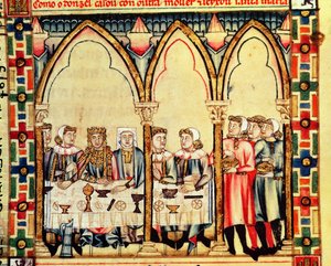 Fol.16v婚約宴会、アルフォンソXカスティーリャとレオンの賢者 作： Spanish School