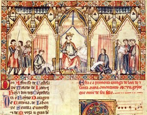 Fol.5rアルフォンソX（1221-84）カスティーリャとレオンの王、ワイズ、カンティガスデサンタマリアのミニチュア