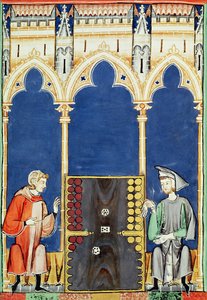Fol.85vゲームブック、チェス、ダイス、ボードの2人のバックギャモンプレーヤー、1282