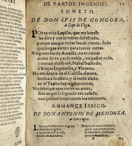 GOGOORA Y ARGOTE, Luis de (1561-1627).黄金世紀のスペインの詩人; VEGA CARPIO, Felix Lope de (1562-1635).ロペ・デ・ベガへのソネット"、イオスの編纂した "Poesias varias de grandes ingenios espanoles "に収録された詩。 作： Spanish School