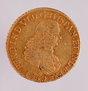 スペインの金貨（8エクウス）：フェルディナンド（フェルディナンド）6世（1746-1759）の時代。1759年 直径3.5cm ナポリ、ムゼオ・アルケオロジコ 作： Spanish School