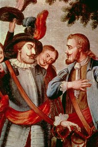 Hernando Cortes (1485-1547) と Diego di Velasquez (1465-1524) (キャンバスに油彩) (詳細) (113574 を参照) 作： Spanish School