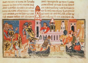 戦闘中の 2 人の騎士を描いた歴史的なイニシャル「B」、「Libre Verd」より、1380 年頃 (ベラム) 作： Spanish School