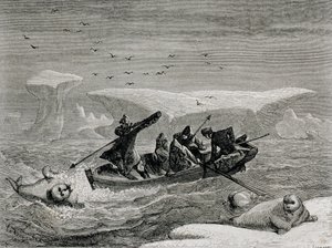 スピッツベルゲン諸島、スバールバル諸島でのモリとのセイウチの狩猟、1865年の「世界への回帰」のイラスト 作： Spanish School