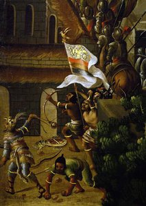 先住民は弓矢でスペイン人と戦う 作： Spanish School