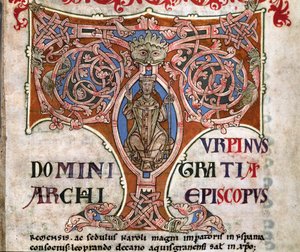 シャルルマーニュの描写を含む頭文字T、コーデックスカリクティヌスのイラスト、c.1140