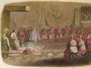 1585 年、教皇グレゴリウス 13 世の足元にひれ伏す日本大使 作： Spanish School