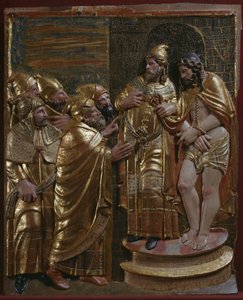 カイアファの前に立つイエス、ルネッサンス期の祭壇画の細部（彩色と金箔が施された木材 作： Spanish School
