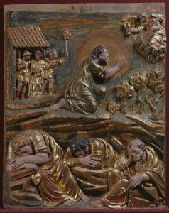 ゲッセマネの園のイエス、ルネッサンス期の祭壇画の細部（彩色と金箔が施された木材 作： Spanish School