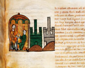 廷臣を迎えるアラゴン王アルフォンソ2世（写本 "Liber Feudorum Maior "より）。 作： Spanish School