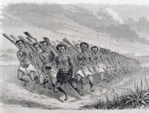 マオリ族の戦士が戦争の踊りを披露、「世界への回帰」のイラスト（彫刻） 作： Spanish School