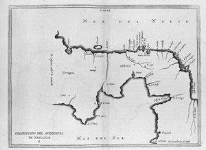17世紀初頭のスペインの旅の巻に掲載された中米（パナマ）の地図。地図の向きは古代モード（北東から東）で、大西洋は北海、太平洋は南海と呼ばれています。 作： Spanish School