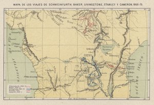 探検家Georg August Schweinfurth、Samuel Baker、David Livingstone、Henry Morton Stanley、Verney Lovett Cameronのアフリカでの旅を示す地図。 作： Spanish School
