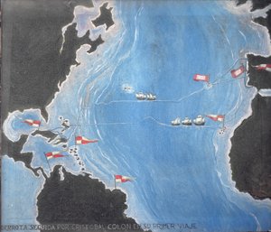新世界への彼の最初の航海でのクリストファーコロンブスのルートを示す地図
