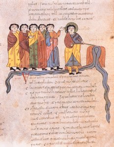 モーセは、聖イシドルの西ゴート時代のモザラビック聖書、40世紀、西暦960（ベラムのテンペラ）から、ホレブの出石17 1-7の岩から水を流します。 作： Spanish School