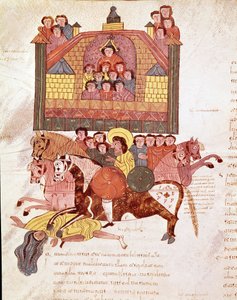 モザラビの聖書のページ：王妃イゼベルの死、モザラビの聖書のページ 作： Spanish School