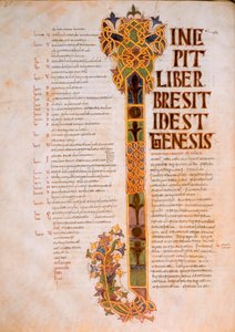 創世記の最初のページは、聖書の初めから大文字Iで、Principio creavit Deus caelumで、聖イシドルの西ゴートモザビック聖書、第14巻、AD 960（tempera o 作： Spanish School