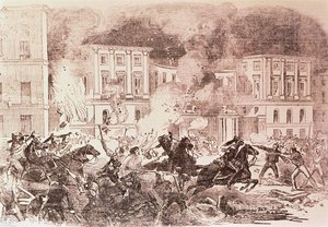 マドリッドでのポピュリスト蜂起、暴徒は1854年にマリア・クリスティーナ女王の宮殿に火をつけようとする（litho） 作： Spanish School