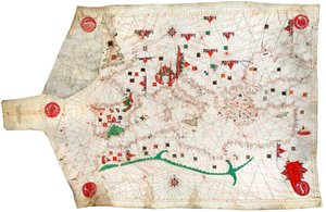 地中海と北東大西洋のポーチュラン海図、これは国立海洋博物館が所蔵する最古のポーチュラン海図である。