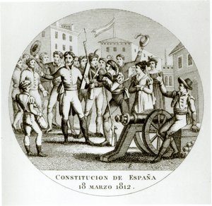 愛国者による1812年3月18日の自由憲法の宣言、コルテスによってカディスで公布 作： Spanish School