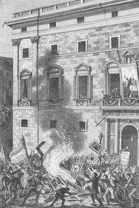 バーボンの肖像画を燃やすバルセロナの人々、1868年（彫刻） 作： Spanish School