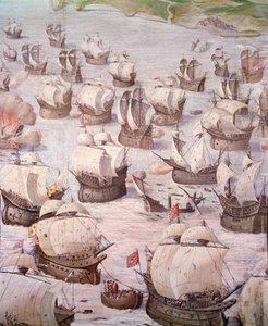 1582年、スペイン王フィリップ2世(1527-1598)のもとで行われたアコーレス諸島遠征の際のスペインのガレオン船のレガッタ。16世紀のフレスコ画。マドリード、エスコリアル宮殿の戦闘の間。