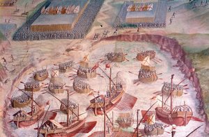 1582年、スペイン王フィリップ2世(1527-1598)のもとで行われたアコーレス諸島遠征の際のスペインのガレオン船のレガッタ。16世紀のフレスコ画。マドリード、エスコリアル宮殿の戦闘の間。