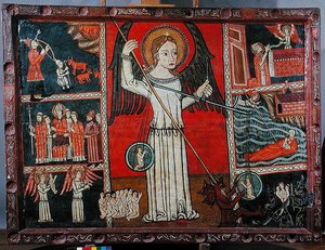 ドラゴンの姿をした悪魔を倒し、一対の天秤で魂を量る聖ミカエル（パネルに油彩） 作： Spanish School