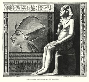 古代エジプトのファラオ、アクエンアテン(アメンホテプ4世)の座像とレリーフ(リトグラフ) 作： Spanish School