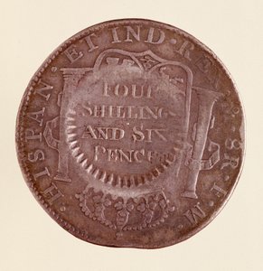 スペインの銀貨（8レアル）：チャールズ3世の時代（1759〜1788年）。1777年、1787年のカウンターマーク付き。直径3.9cm ナポリ、考古学博物館 作： Spanish School