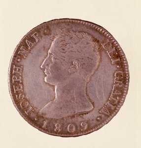 スペインの銀貨（ドゥーロまたはピアストラ）：ジョセフ・ナポレオンの時代（1808-1813年）。1809年 直径4cm ナポリ、ムゼオ・アルケオロジコ 作： Spanish School