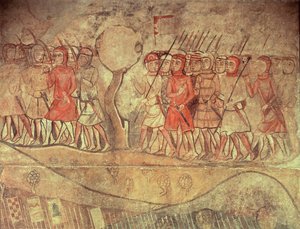 ジェームズ1世（1208-76）の軍隊の兵士、弓と槍を持った歩兵のグループ、バルセロナの旧パラシオ・レアーレの壁画の詳細（壁画） 作： Spanish School
