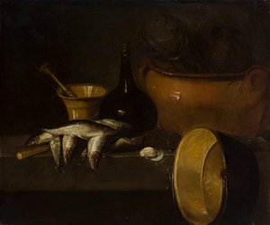 魚とアーティチョークのある静物（キャンバスに油彩）