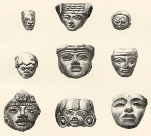 18801883年の遠征中にデシレシャルネがメキシコのテオティワカンで発見した石の頭と仮面 作： Spanish School