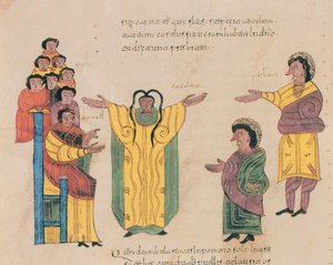スザンナと長老、聖イシドルの西ゴート族モザラビック聖書、fol.324v。、AD 960（ヴェラムのテンペラ）