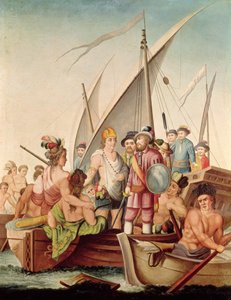 メキシコへのヘルナンドコルテス（1485-1547）の到着 作： Spanish School