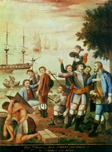 メキシコの征服: ディエゴ・ベラスケス・デ・クエヤル (1465-1524) はエルナンド・コルテス (1485-1547) を無敵艦隊の将軍として選び、彼に指揮を執る (キャンバスに油彩) 作： Spanish School