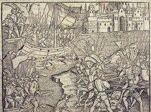 ペルーの征服、フランシスコ・ロペス・デ・ゴマラによる「インドと新世界の一般史」のイラスト（b.1510）1554（彫刻） 作： Spanish School