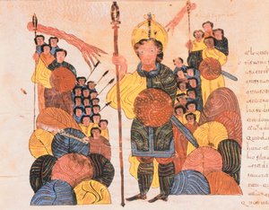 ゴリアテの敗北、聖イシドルの西ゴート時代のモザラビック聖書、118番、AD 960（ベラムのテンペラ）