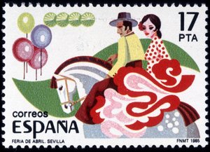 セビージャのフェリア：馬に乗った民族衣装のカップル - スペインの切手 作： Spanish School